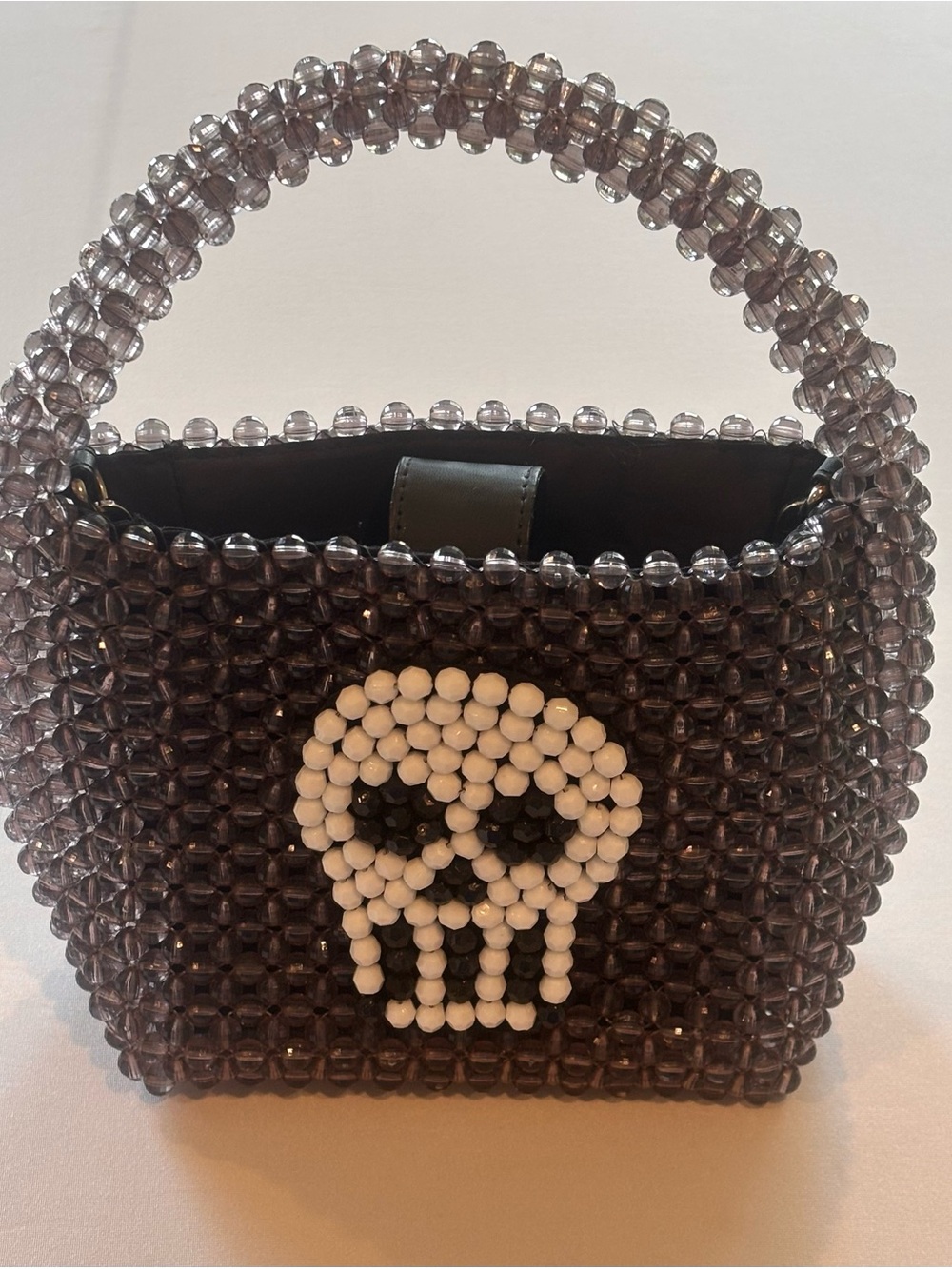 Beaded Mini Top-Handle Bag with Skull Accent in Smoky Gray